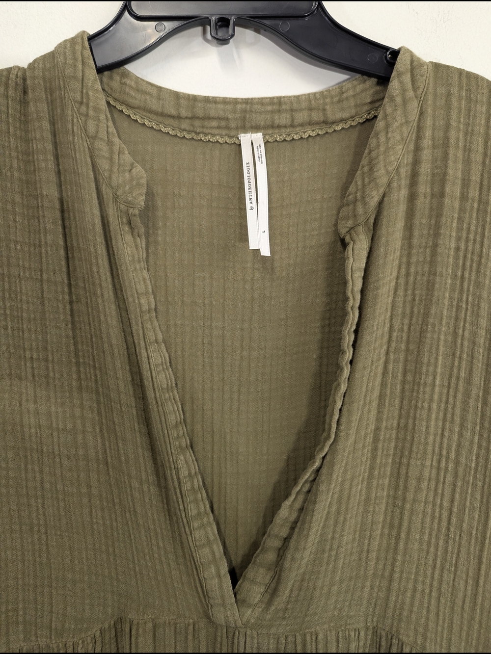 Anthropologie Olive Green Deep V-Neck Tiered Maxi Dress Cotton Gauze L - Picture 4 of 15